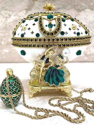 Vista 6 de 3pce Rara Idea de regalo vintage de ESMERALDA regalo de Navidad para padres Faberge Egg Music Jewelry cajas de regalo hechas a mano huevo Fabergé