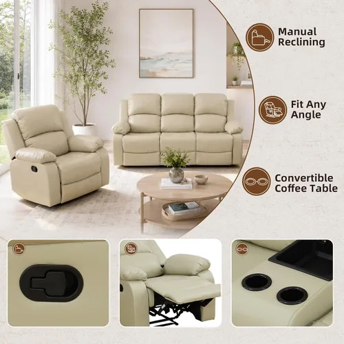 Vista 3 de Living Room Furniture Sets, Leather Recliner Sofa, Sectional Sofa Set with Convertible Table & Cup Holders, 3 Pieces Furniture for Living