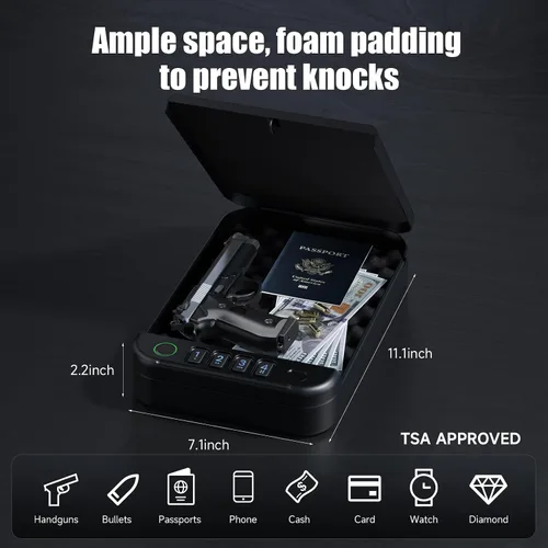Vista 3 de Caja fuerte para armas, cajas fuertes biométricas para pistola, portátil para pistola de coche, pistola segura con llaves, teclado y control