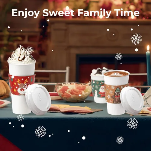Vista 6 de FMP Brands Paquete de 50 fundas de papel de Navidad para tazas de café, fundas desechables de café navideñas para tazas de café desechables de 12