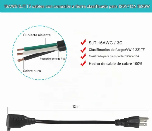 Vista 2 de Cable de extensión de alimentación corto de 1 pie de 1 pie – Cable de extensión corto de 3 clavijas para interiores SJT 16 AWG resistente cable