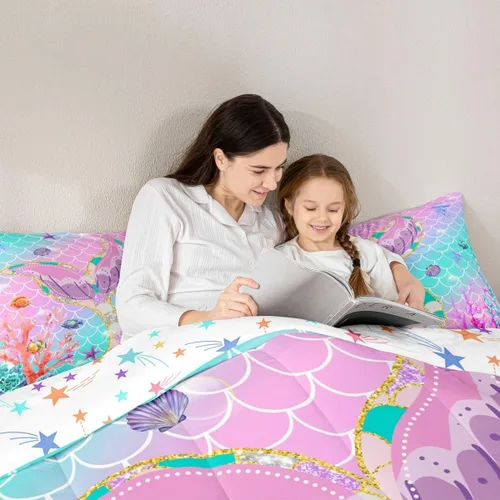Vista 3 de Erosebridal Juego de edredón tamaño individual para niñas, juegos de ropa de cama de sirena para niñas y niños pequeños, edredón de escamas de peces