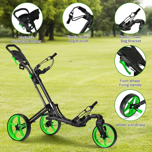 Vista 2 de GYMAX Carrito de golf plegable con rueda delantera giratoria, carrito de golf ajustable de 3 ruedas, carrito de golf compacto fácil de plegar
