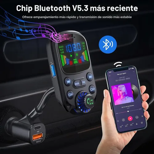 Vista 2 de Transmisor FM Bluetooth 5.3 para coche SOARUN Adaptador Bluetooth para automóvil PD30W y puerto USB, carga rápida, reproductor de agudos y graves