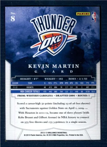Vista 2 de Basketball NBA 2012-13 Panini Brilliance #8 Kevin Martin NM-MT Thunder