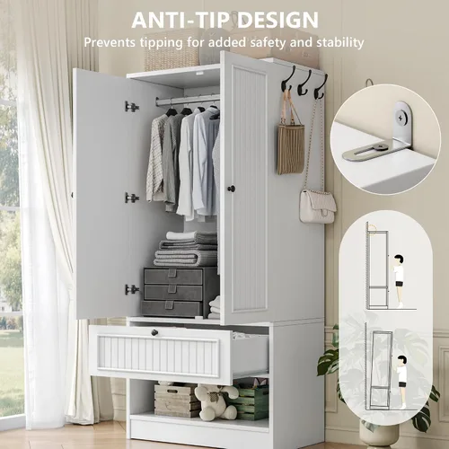 Vista 7 de iPormis Armario de madera con puerta de espejo y cajón, armario para recámara con 2 puertas para colgar ropa, color blanco