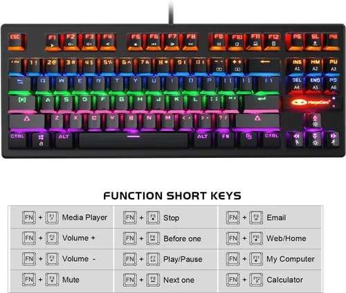 Vista 7 de MageGee Teclado mecánico para juegos de 87 teclas con retroiluminación LED RGB, teclado de computadora USB con cable con interruptores azules, 100%