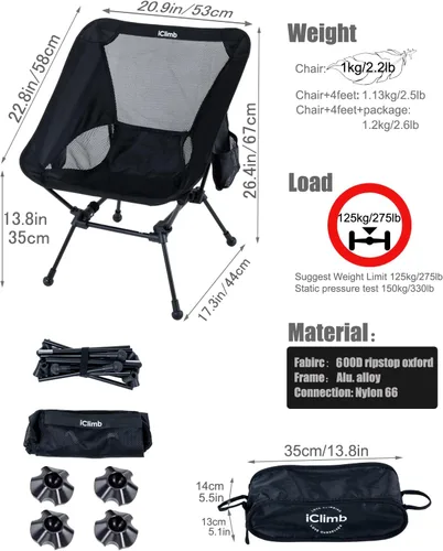 Vista 3 de iClimb Silla de camping ultraligera compacta plegable para playa con pies grandes antihundimiento y soporte de espalda con cuerda