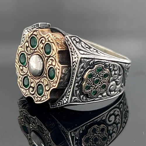Vista 3 de Men Handmade Emerald Stone Ring, Rotating Split Ring, Micro Stone Ring, Ottoman Style Silver Ring, 925k Sterling Silver Ring