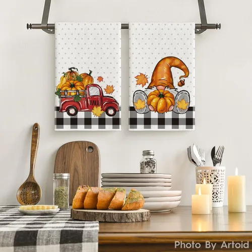 Vista 2 de Artoid Mode Juego de 2 toallas de cocina de otoño con diseño de calabaza y gnomo de búfalo, 18 x 26 pulgadas, diseño de hojas de arce estacionales
