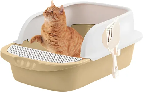 Vista 10 de Caja de arena grande para gatos con lados altos, bandeja de arena para gatos grandes con pala y escudo de dispersión, caja de arena de plástico