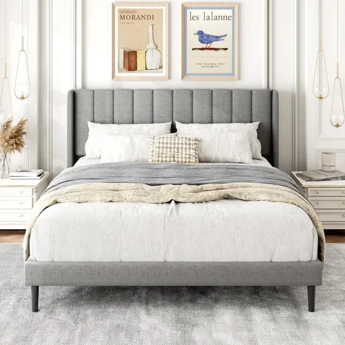 Vista 25 de Gruwans Base de cama de tamaño individual con cabecera tapizada con respaldo de ala, plataforma de fácil montaje, soporte de listones de madera,