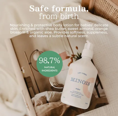 Vista 3 de MINOIS PARIS - Loción para recién nacidos y niños Loción corporal suave con aloe vera, manteca de karité y aceite de almendras Hidratante