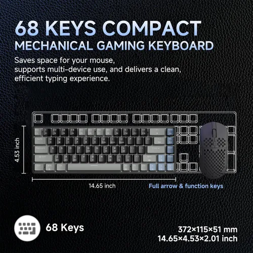 Vista 4 de DIERYA Teclado mecánico inalámbrico DK68 60% para juegos, 3 modos Bluetooth2.4GUSB-C con interruptor azul clicky, retroiluminación RGB
