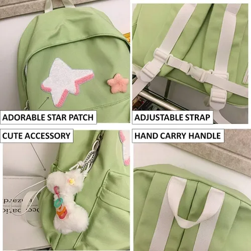 Vista 3 de Mochila Kawaii con parche de estrella y lindo accesorio, espaciosa y múltiples compartimentos (negro)