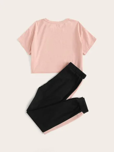 Vista 2 de Floerns Conjunto de 2 piezas de camiseta corta y leggings de manga corta con estampado de letras para niñas