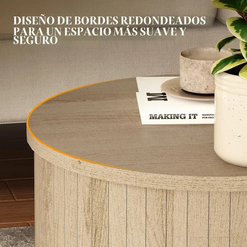 Vista 3 de Mesa auxiliar redonda acanalada para sala de estar, moderna mesa auxiliar de madera para sofás y sofás para espacios pequeños, mesa de noche de 21.9