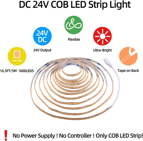 Vista 7 de Luces de tira LED 24V COB LED Blanco cálido 3000K Súper brillante tira LED 16.4 pies 5M sin puntos de alta densidad Corta y flexible para proyectos