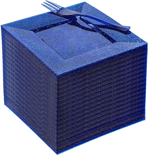 Vista 18 de DaYammi 100 platos de postre con purpurina azul, que incluyen 50 platos de aperitivo de 6 pulgadas y 50 tenedores de plástico de 5.7 pulgadas, plato