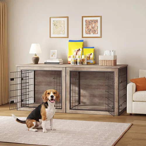 Vista 6 de HOOBRO Mueble de jaula para perros para 2 perros, mueble grande de 63 pulgadas para jaulas dobles con divisor, soporte de madera para interiores