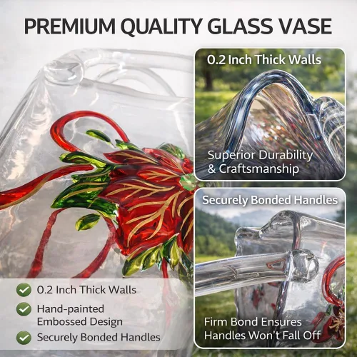 Vista 9 de Jarrón con textura floral pintado a mano, jarrón de cristal en forma de bolso de 9.1 pulgadas con patrones 3D, centro de mesa botánico engrosado