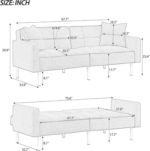 Vista 2 de Sofá cama plegable moderno tapizado de lino de 74.8 pulgadas para espacio de vida compacto, apartamento, dormitorio