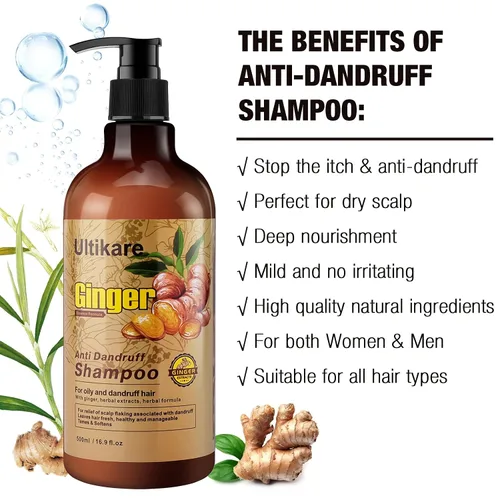 Vista 4 de Champú de jengibre para el cabello caspa, tratamiento anticaspa, champú para el cuidado del cuero cabelludo seco con picazón, aceite de extracto