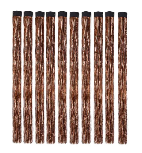 Vista 2 de 10 unids/set de extensiones de pelo de oropel con clip, multicolores con purpurina, mechones de pelo de hadas para mujeres bronce