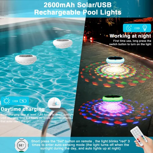 Vista 3 de Luces solares para piscina (1 unidad), 2600 mAh USB recargables luces flotantes flotantes de 6.7 pulgadas IP68 impermeable con control remoto, RGB