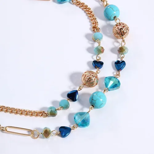 Vista 6 de Bocar Collar de cuentas, collar de cadena de eslabones largos de 2 capas, cuentas de cristal para mujer, gargantilla, regalo de joyería