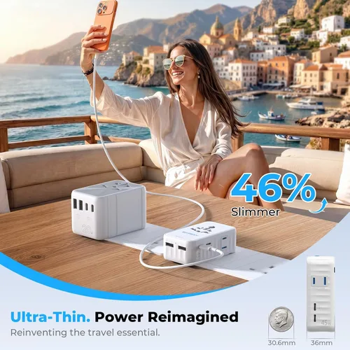 Vista 3 de Adaptador de viaje internacional ultrafino Aura de 45 W para más de Enchufe universal 6 en 1 de 1.417 in, PD&QC 3.0, carga rápida esencial