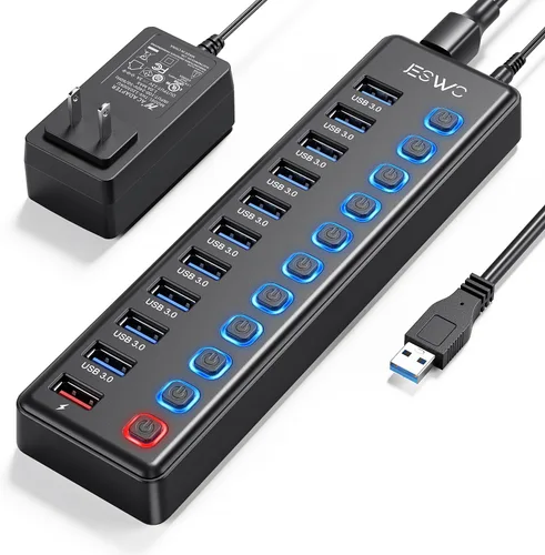 Vista 7 de Hub USB alimentado, concentrador USB 3.0 de 11 puertos JESWO (7 puertos de transferencia de datos + 4 puertos de carga inteligente)