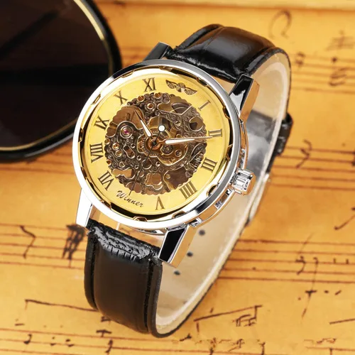 Vista 4 de Vavna Clásico de los hombres de cuero Esqueleto mecánico deporte ejército reloj, Oro, Mecánico