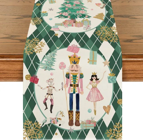 Vista 10 de Artoid Mode Camino de mesa de Navidad con diseño de cascanueces y copos de nieve con diamantes azules a cuadros, decoración estacional de invierno