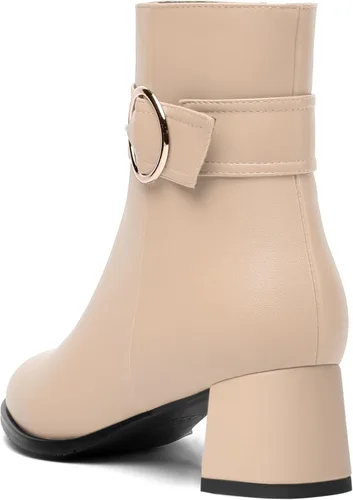 Vista 7 de MERRORI Botas altas de tacón bajo mate mate con cremallera y punta redonda para mujer, 2 pulgadas Beige