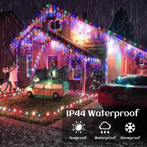 Vista 3 de Luces de carámbano, luces de Navidad de 33 pies con 400 LED, 75 caídas, 8 modos, enchufable e impermeable, para festividades, boda, fiesta, hogar