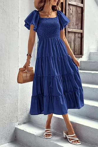 Vista 3 de PRETTYGARDEN Vestido midi casual de verano para mujer, manga corta, cuello cuadrado, fruncido, con volantes