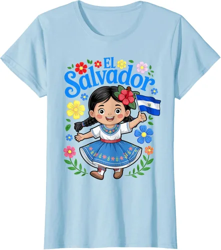 Vista 26 de Camiseta de estilo tradicional floral para niña con la bandera de El Salvador