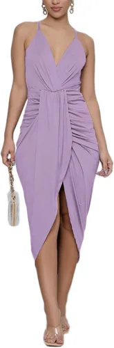 Vista 4 de LYANER - Vestido por debajo de la rodilla, tipo bodycon, con tirantes delgados, sin mangas, con cuello en V, fruncido y dobladillo con abertura
