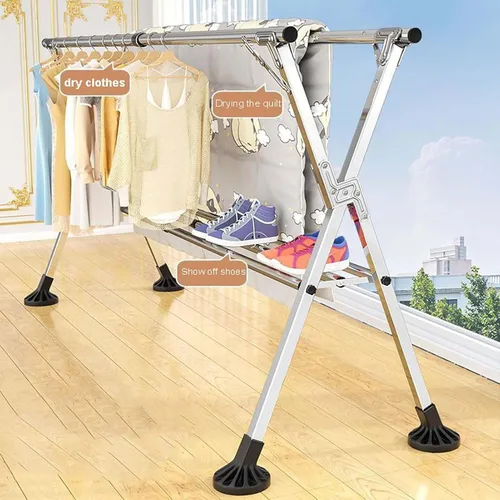 Vista 4 de Clothes Drying Rack, Foldable &Length Adjustable Space Saving Garment Rack, Heavy Duty Stainless Steel Laundry Drying Rack,1.6m