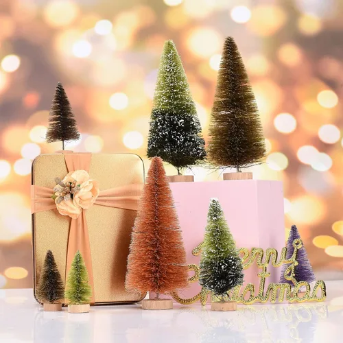 Vista 7 de JUOPZKENN 16 árboles de Navidad artificiales verdes, seda y madera, mini árboles de pino Xmax para manualidades, decoración de invierno, decoración
