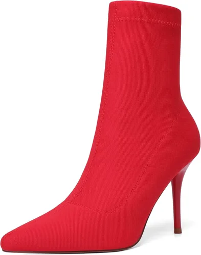 Vista 13 de vivianly Botines elásticos con punta puntiaguda, botas de tobillo a media pantorrilla, botas de tacón de aguja para mujer negro (Black-Stretch)