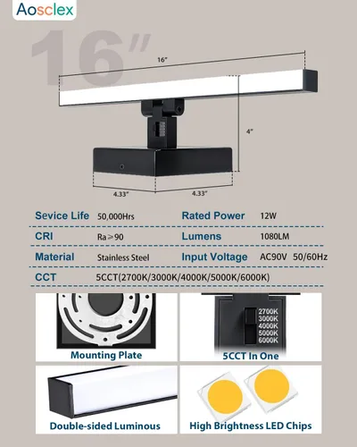 Vista 6 de Aosclex Luces de baño de 16 pulgadas sobre el espejo, giratorias, 12 W, 1080 lúmenes, 5CCT, ajustables (2700 K a 6000 K), lámparas LED regulables