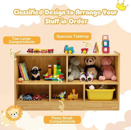 Vista 4 de MEDIMALL Organizador de almacenamiento de juguetes para niños de 5 cubos, estante de almacenamiento de madera de 2 niveles para libros y juguetes