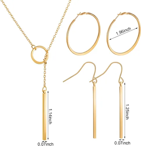 Vista 4 de Hicarer Simple Bar - Juego de joyas de barra vertical, collar, aretes, pulsera ajustable para mujer, Metal