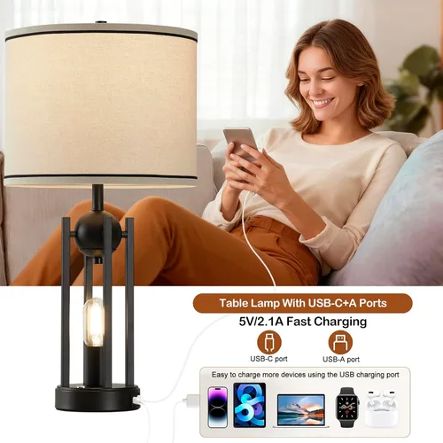 Vista 3 de Lámparas de mesa industriales de 25 pulgadas para sala de estar, 1 unidad con puertos USB C+A, lámpara de noche rústica de granja para dormitorio