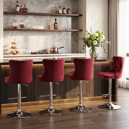 Vista 70 de SoarFlash Juego de 2 taburetes de bar tapizados de terciopelo moderno con patas de madera, botones acolchados, cabeza de clavo cromada, asiento