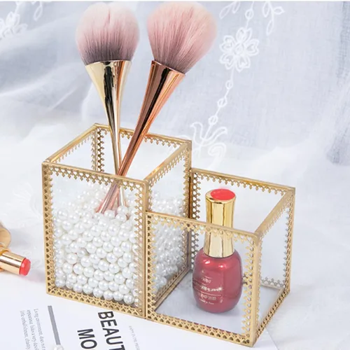 Vista 7 de ULTECHNOVO Two-compartment Glass Makeup Brush Holder Cosmetic Storage Organizer with Lace Design for Vanity Desk and Jewelry Display