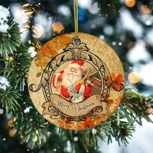 Vista 2 de Adorno de Navidad de cerámica con diseño retro de dos lados impresos, novedad para familiares, amigos y niños, colgantes de recuerdo de Navidad