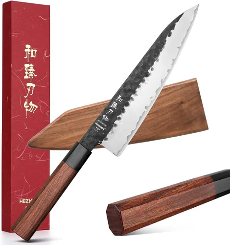 Vista 10 de Juego de cuchillos de cocina 4 piezas, cuchillo de chef de acero revestido Nakiri forjado Santoku, mango octogonal de madera